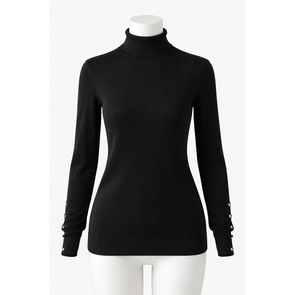 Dennis‎ Basso Black Turtleneck Sweater Women's Button Cuff Knit Top [L]